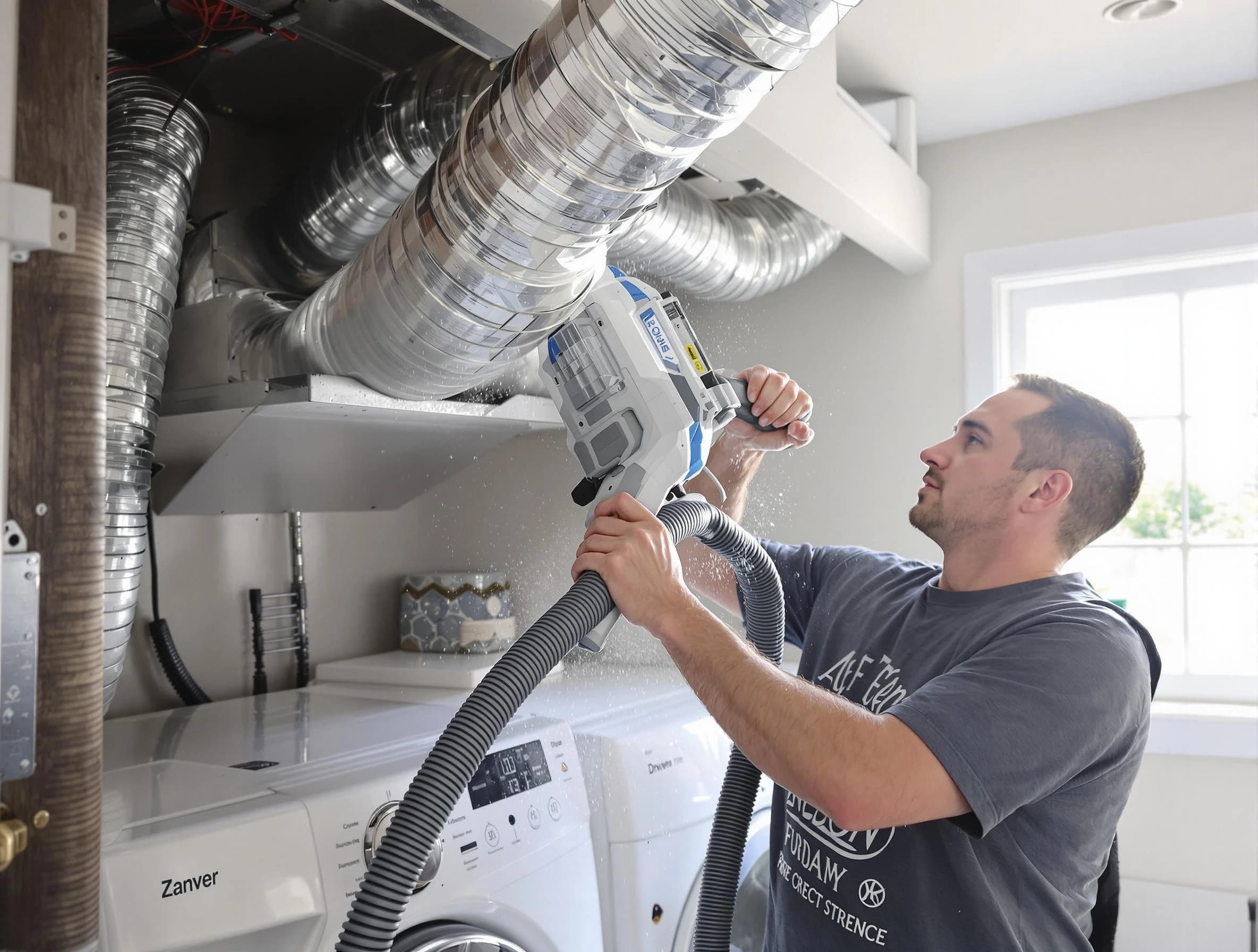 Providence Dryer Vent Cleaning specialist cleaning deep within a dryer vent duct system in Providence