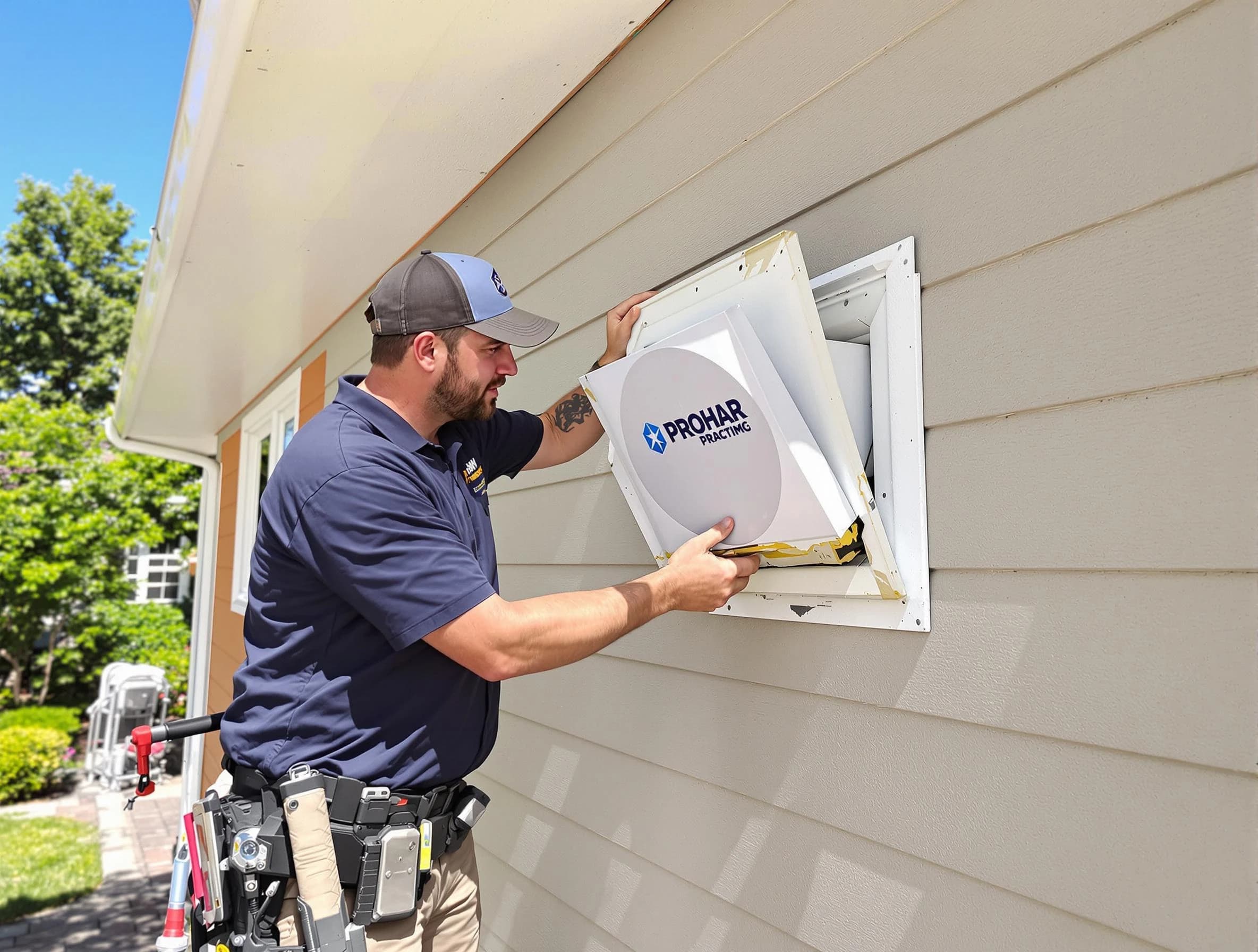 Providence Dryer Vent Cleaning technician installing a new protective dryer vent cover on a home in Providence