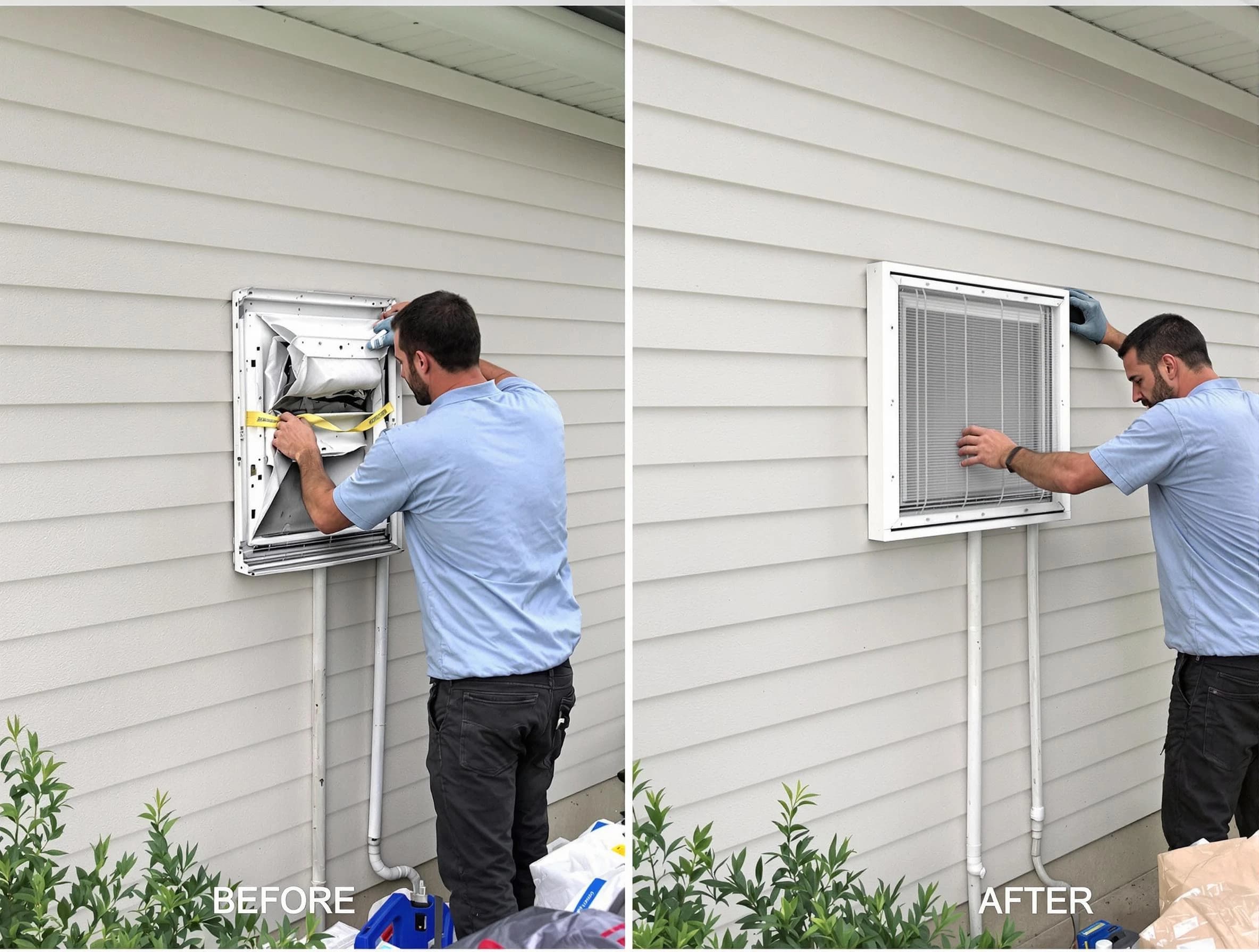 Providence Dryer Vent Cleaning technician installing high-quality dryer vent cover at a residential property in Providence