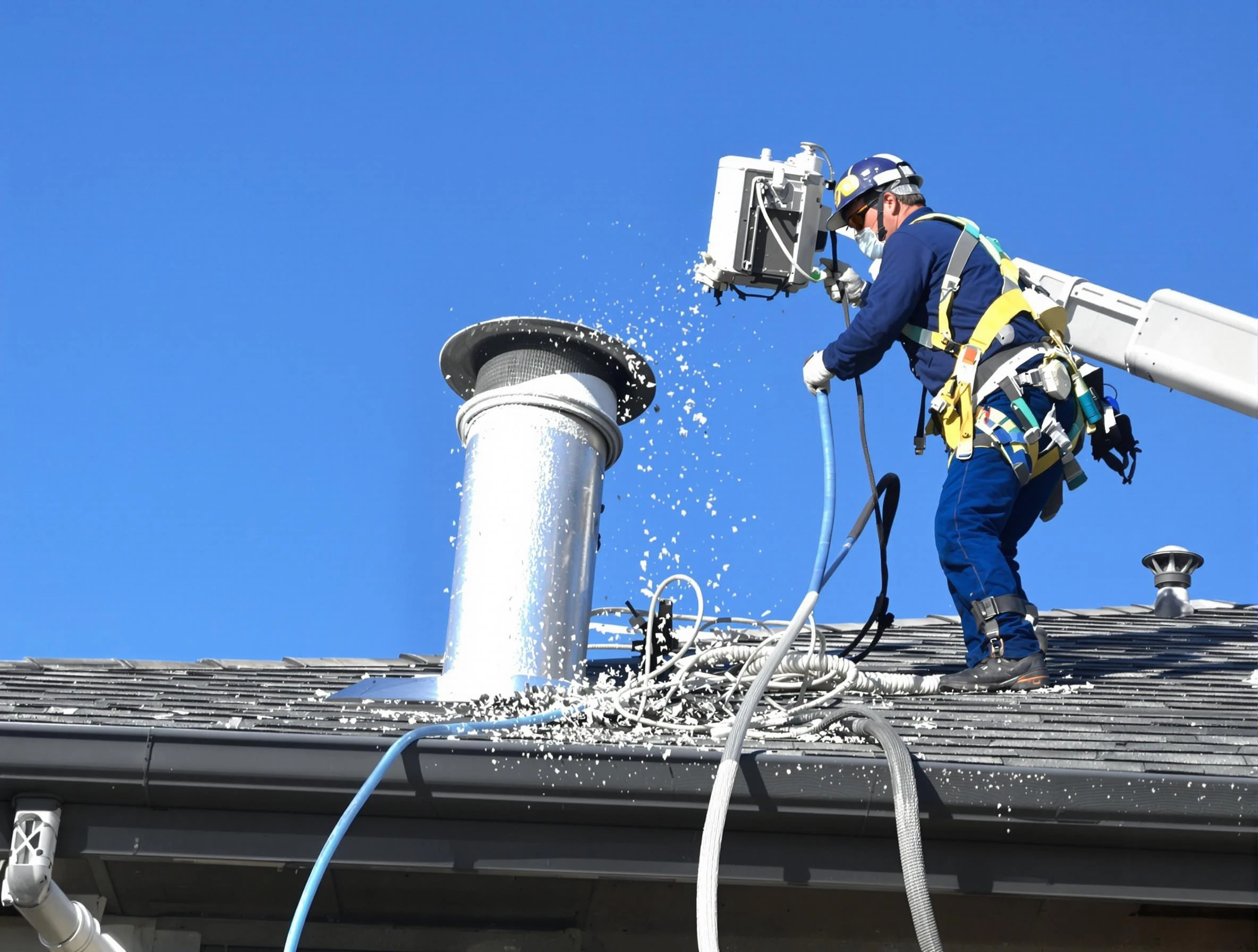 Providence Dryer Vent Cleaning certified technician safely cleaning a roof-mounted dryer vent in Providence